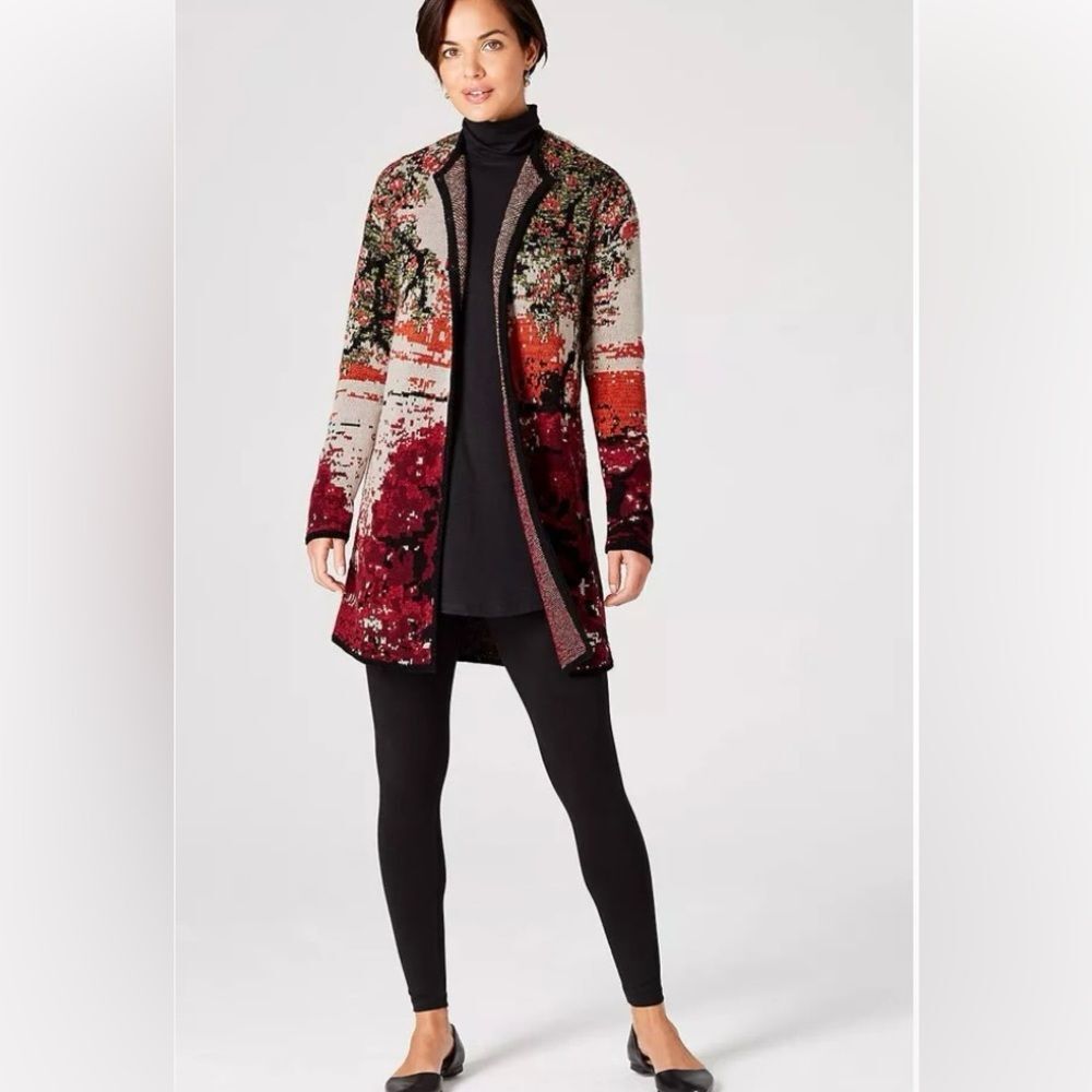 J. Jill Luxurious Black Red Cotton Wool  Jacquard Knit Cardigan Duster Small